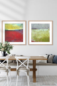 Contemporary abstract beach wall decor "Poppy Love," downloadable art by Victoria Primicias, decorates the dining room.