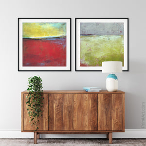 Contemporary abstract beach wall art "Poppy Love," digital art landscape by Victoria Primicias, decorates the foyer.