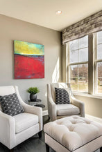 Load image into Gallery viewer, Red and yellow abstract seascape painting &quot;Poppy Love,&quot; wall art print by Victoria Primicias, decorates the living room.

