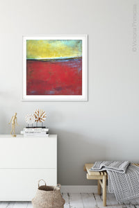 Red and yellow abstract beach wall art "Poppy Love," fine art print by Victoria Primicias, decorates the hallway.