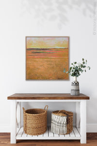 Colorful abstract landscape painting "Pumpkin Passages," digital artwork by Victoria Primicias, decorates the entryway.