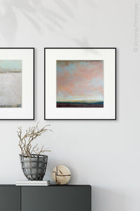 Large abstract landscape art "Retiring Sky," downloadable art by Victoria Primicias, decorates the entryway.