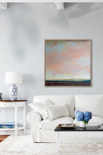Load image into Gallery viewer, Large abstract coastal wall art &quot;Retiring Sky,&quot; digital artwork by Victoria Primicias, decorates the living room.
