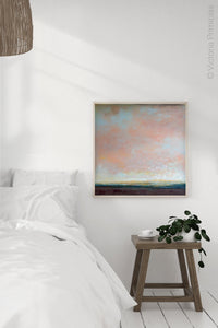 Large abstract landscape painting "Retiring Sky," digital print by Victoria Primicias, decorates the bedroom.