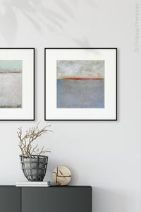 Minimalist abstract landscape art "Return of Secrets," printable wall art by Victoria Primicias, decorates the entryway.