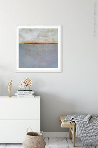 Minimalist abstract beach painting "Return of Secrets," printable wall art by Victoria Primicias, decorates the entryway.