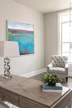 Load image into Gallery viewer, Teal coastal abstract coastal wall art &quot;Rising Tides,&quot; downloadable art by Victoria Primicias, decorates the office.
