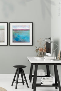 Teal coastal abstract beach wall decor "Rising Tides," downloadable art by Victoria Primicias, decorates the office.