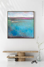 Load image into Gallery viewer, Turquoise abstract beach wall art &quot;Rising Tides,&quot; metal print by Victoria Primicias, decorates the hallway.

