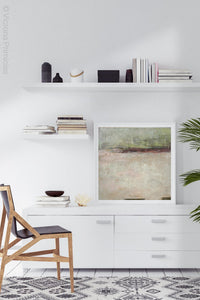 Neutral color abstract landscape painting "Ruby Landing," digital print by Victoria Primicias, decorates the office.