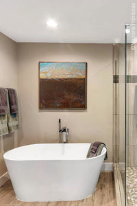 Dark abstract landscape painting "Sailors Sorrow," downloadable art by Victoria Primicias, decorates the bathroom.