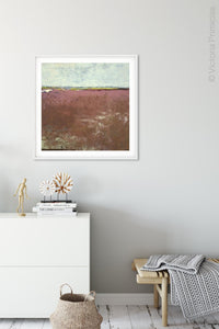 Red abstract beach painting "Scarlet Sound," digital art landscape by Victoria Primicias, decorates the entryway.