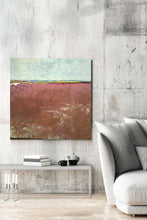 Load image into Gallery viewer, Red abstract beach painting &quot;Scarlet Sound,&quot; digital artwork by Victoria Primicias, decorates the living room.
