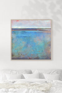 Turquoise abstract beach artwork "Sea Mistress," canvas wall art by Victoria Primicias, decorates the bedroom.