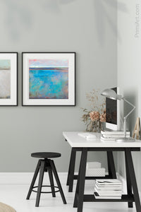 Turquoise abstract beach artwork "Sea Mistress," canvas wall art by Victoria Primicias, decorates the office.