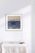 Load image into Gallery viewer, Indigo blue abstract coastal wall decor &quot;Secret Waters,&quot; digital art landscape by Victoria Primicias, decorates the kitchen.
