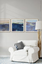Load image into Gallery viewer, Indigo blue abstract landscape painting &quot;Secret Waters,&quot; wall art print by Victoria Primicias, decorates the living room.
