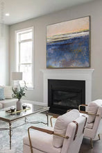 Load image into Gallery viewer, Indigo blue abstract landscape painting &quot;Secret Waters,&quot; wall art print by Victoria Primicias, decorates the fireplace.

