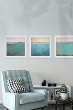 Load image into Gallery viewer, Teal coastal abstract ocean wall art &quot;Shallow Harbor,&quot; digital download by Victoria Primicias, decorates the living room.
