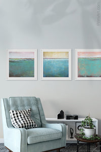 Teal coastal abstract ocean wall art "Shallow Harbor," digital download by Victoria Primicias, decorates the living room.