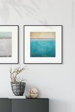 Load image into Gallery viewer, Teal coastal abstract beach artwork &quot;Shallow Harbor,&quot; digital print by Victoria Primicias, decorates the entryway.
