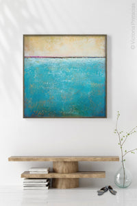 Teal coastal abstract beach artwork "Shallow Harbor," downloadable art by Victoria Primicias, decorates the entryway.