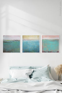 Teal coastal abstract beach artwork "Shallow Harbor," digital print by Victoria Primicias, decorates the bedroom.