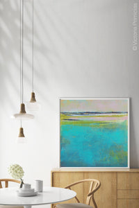 Turquoise abstract beach wall art "Shallow Time," digital print by Victoria Primicias, decorates the dining room.