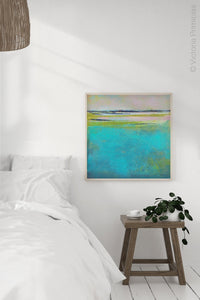 Turquoise abstract beach wall art "Shallow Time," digital print by Victoria Primicias, decorates the bedroom.