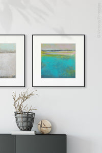Turquoise abstract coastal wall art "Shallow Time," digital print by Victoria Primicias, decorates the hallway.