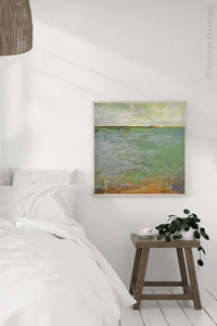 Horizon abstract landscape art "Shamrock Shoals," digital download by Victoria Primicias, decorates the bedroom.
