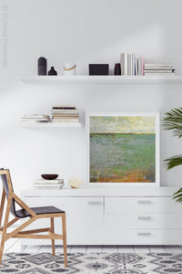 Horizon abstract landscape painting "Shamrock Shoals," digital download by Victoria Primicias, decorates the office.