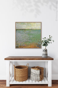 Horizon abstract landscape painting "Shamrock Shoals," digital download by Victoria Primicias, decorates the entryway.