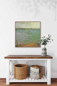 Green abstract landscape painting "Shamrock Shoals," giclee print by Victoria Primicias, decorates the entryway.