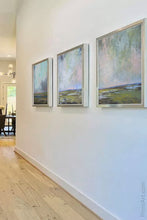 Load image into Gallery viewer, Large coastal abstract landscape art &quot;Shifting Winds,&quot; downloadable art by Victoria Primicias, decorates the hallway.
