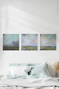 Large coastal abstract landscape art "Shifting Winds," digital art landscape by Victoria Primicias, decorates the bedroom.