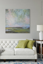 Load image into Gallery viewer, Large coastal abstract landscape art &quot;Shifting Winds,&quot; digital artwork by Victoria Primicias, decorates the living room.
