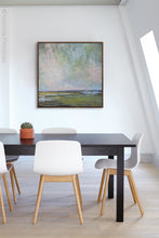 Load image into Gallery viewer, Large coastal abstract landscape art &quot;Shifting Winds,&quot; digital art by Victoria Primicias, decorates the office.
