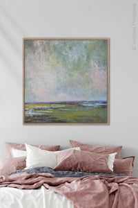 Impressionist abstract landscape art "Shifting Winds," wall art print by Victoria Primicias, decorates the bedroom.