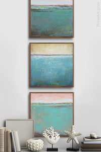 Large teal abstract landscape painting "Siesta Seas," digital print by Victoria Primicias, decorates the entryway.