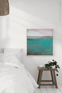 Large teal abstract ocean wall art "Siesta Seas," digital print by Victoria Primicias, decorates the bedroom.
