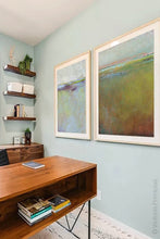 Load image into Gallery viewer, Impressionist abstract coastal wall art &quot;Silent Spring,&quot; digital art landscape by Victoria Primicias, decorates the office.
