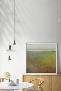 Impressionist abstract coastal wall art "Silent Spring," digital artwork by Victoria Primicias, decorates the dining room.