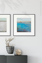 Load image into Gallery viewer, Colorful abstract seascape painting &quot;Silver Sands,&quot; digital download by Victoria Primicias, decorates the entryway.
