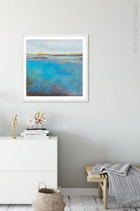 Colorful abstract seascape painting "Silver Sands," digital print by Victoria Primicias, decorates the hallway.
