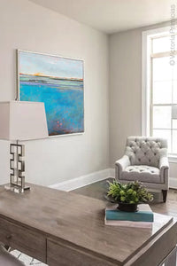 Turquoise abstract beach wall art "Silver Sands," fine art print by Victoria Primicias, decorates the office.