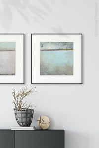 Contemporary abstract beach painting "Silver Springs," digital download by Victoria Primicias, decorates the entryway.