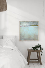 Load image into Gallery viewer, Contemporary abstract beach painting &quot;Silver Springs,&quot; digital print by Victoria Primicias, decorates the bedroom.
