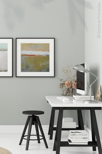 Modern abstract landscape art "Singing Surf," digital print by Victoria Primicias, decorates the office.
