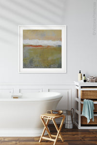 Modern abstract ocean painting "Singing Surf," digital print by Victoria Primicias, decorates the bathroom.
